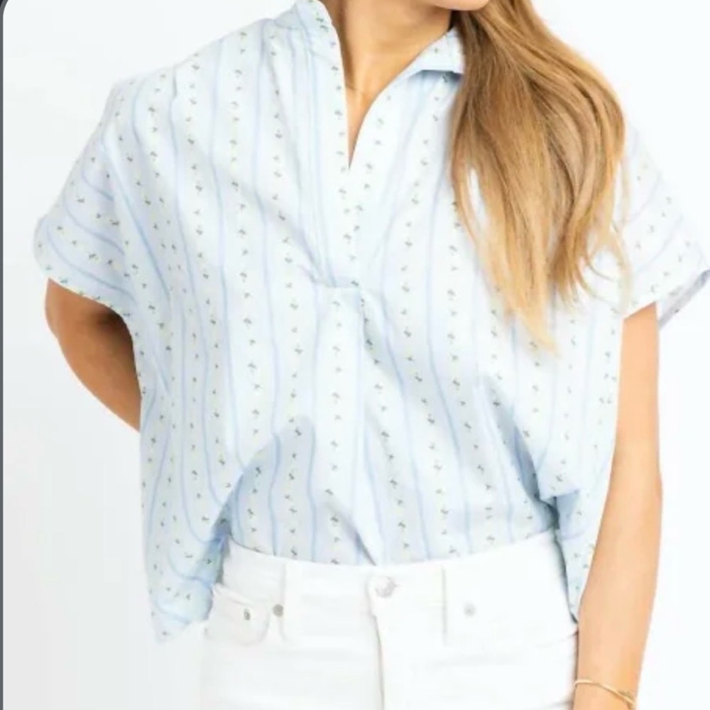 Karlie Light Blue Striped Floral Short Sleeve Blouse
